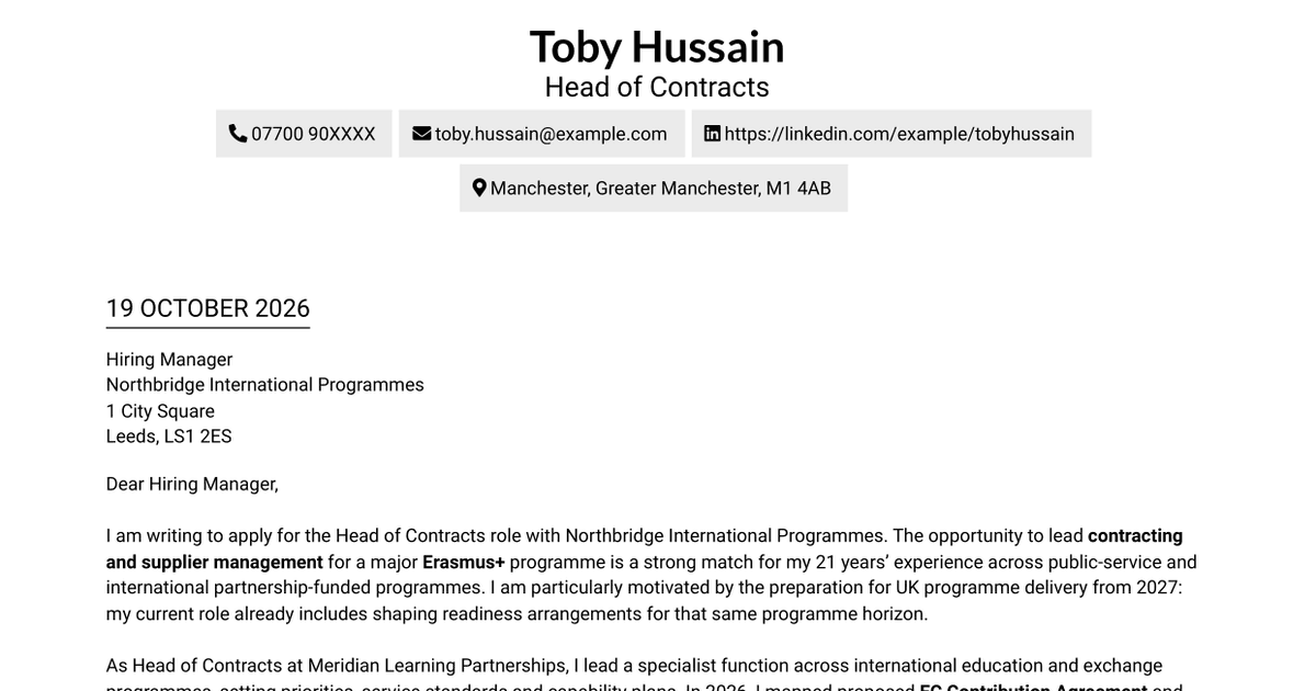 7 Head of Contracts - Erasmus+ Programme Cover Letter Templates with Example