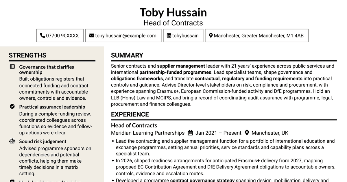 7 Head of Contracts - Erasmus+ Programme CV Templates with Example
