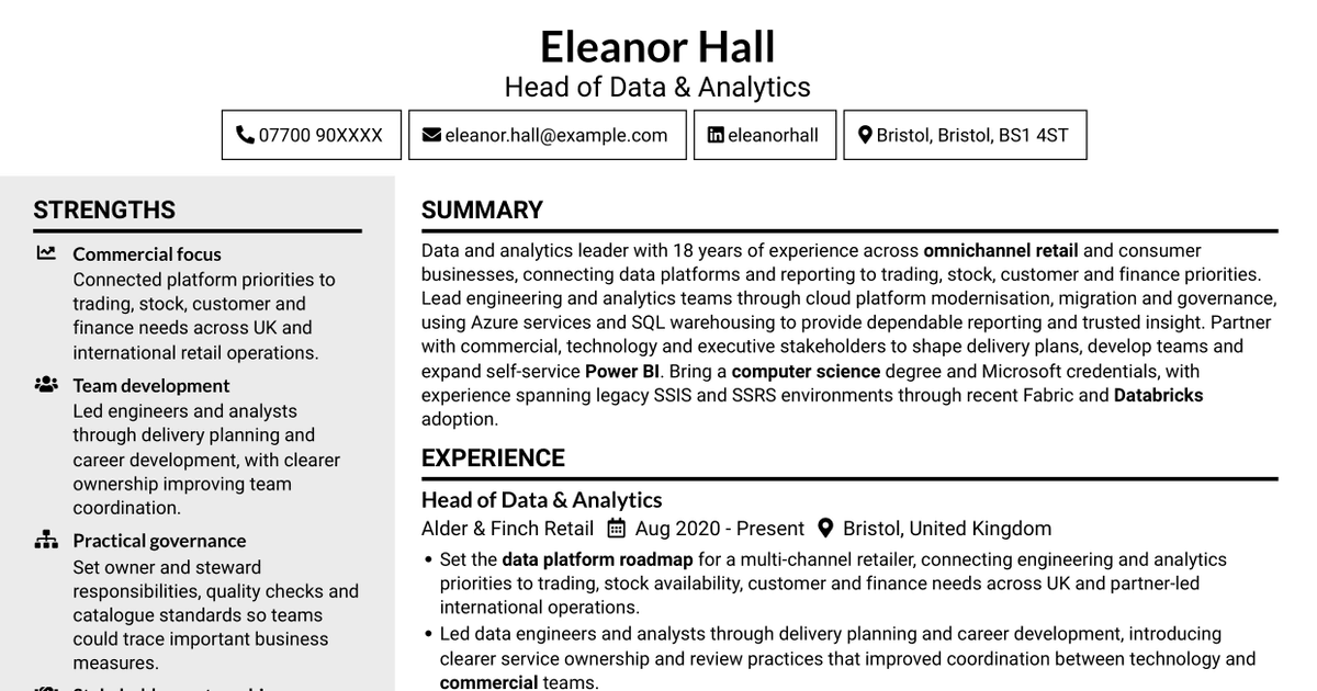 7 Head of Data & Analytics Retail CV Templates with Example