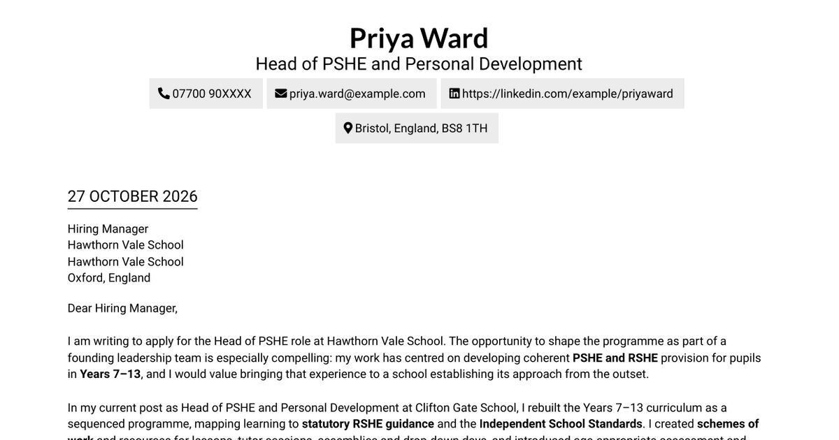 7 Head of PSHE - RSHE Curriculum Cover Letter Templates with Example