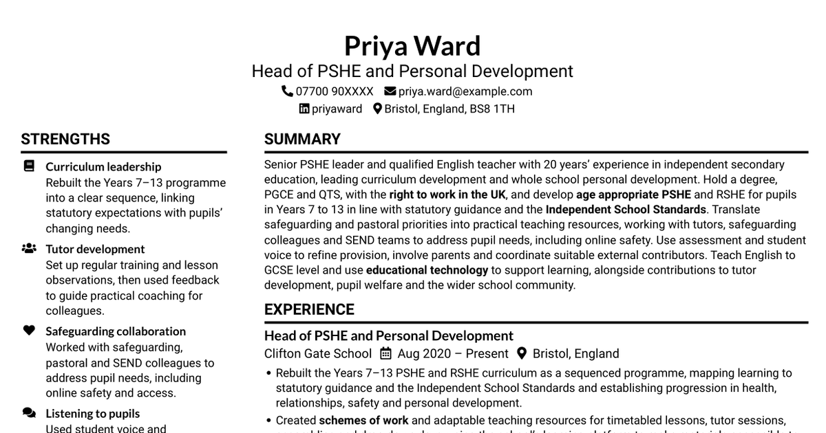 7 Head of PSHE - RSHE Curriculum CV Templates with Example