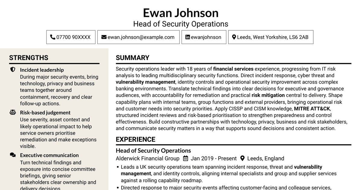 7 Head of Security Operations CV Templates with Example