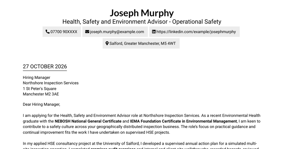 Health, Safety and Environment Advisor - Operational Safety Cover Letter