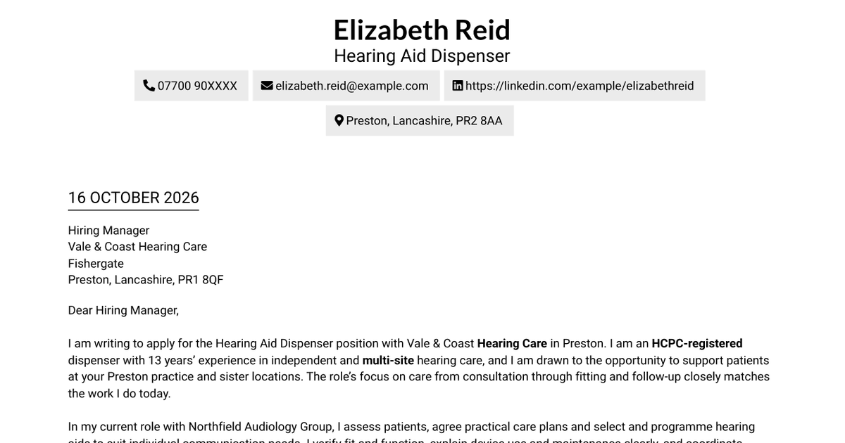 7 Hearing Aid Dispenser Cover Letter Templates with Example