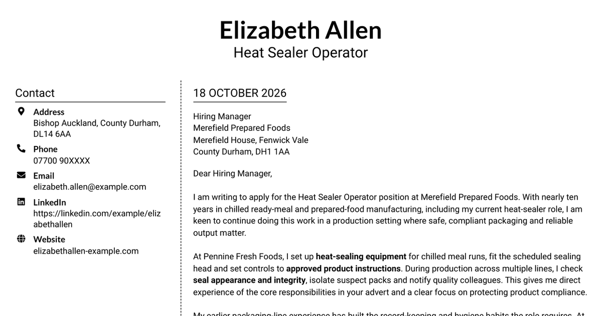 7 Heat Sealer Operator - Chilled Ready Meals Cover Letter Templates with Example