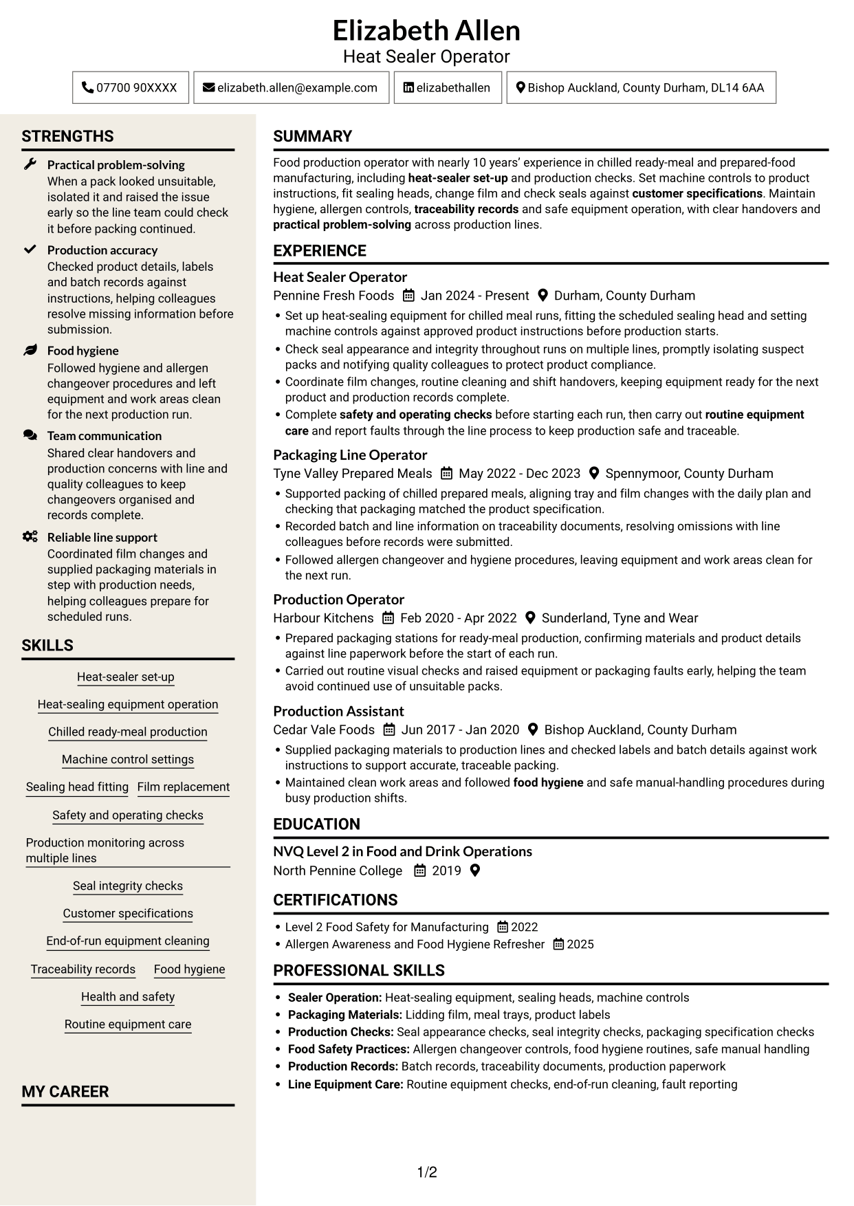 CV example — page 1