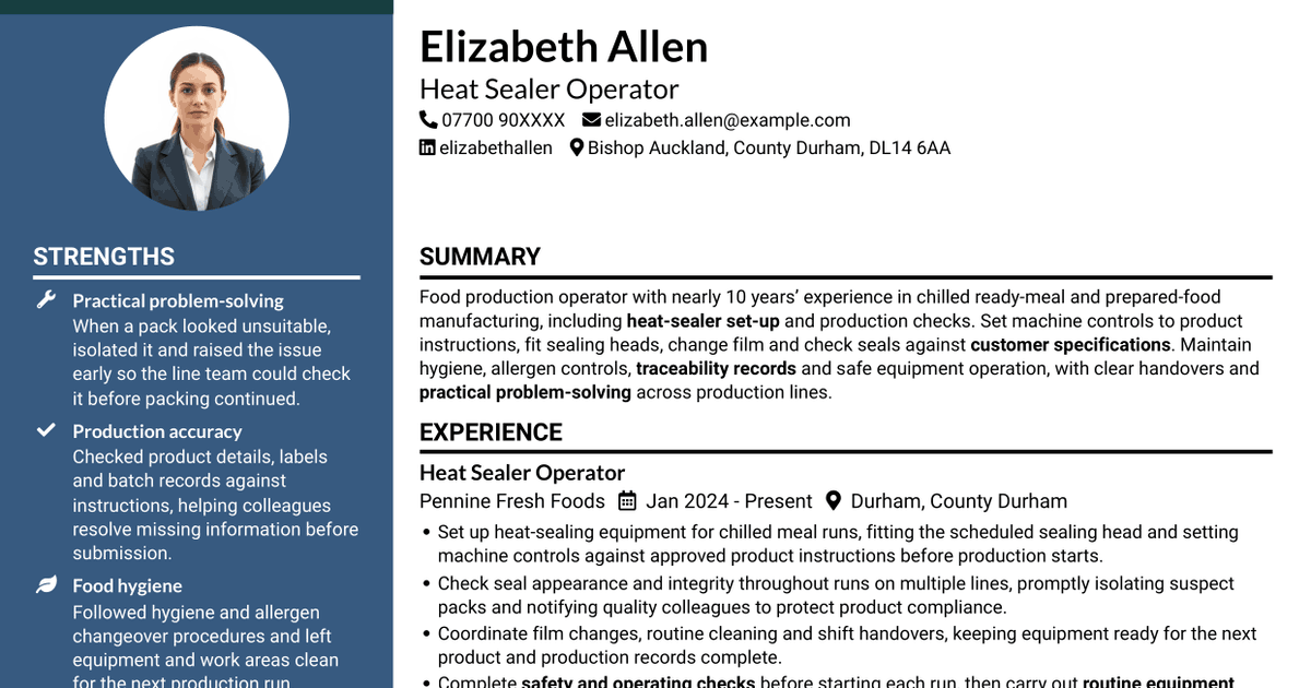 7 Heat Sealer Operator - Chilled Ready Meals CV Templates with Example