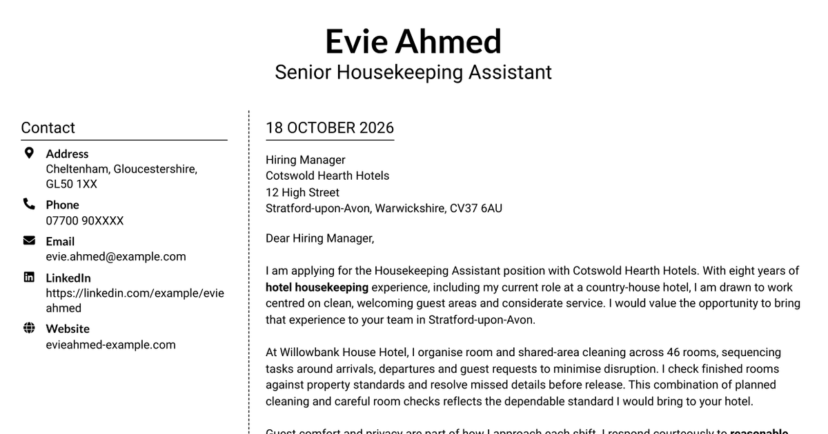 7 Housekeeping Assistant - Hotel Guest Services Cover Letter Templates with Example