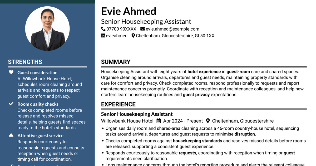7 Housekeeping Assistant - Hotel Guest Services CV Templates with Example