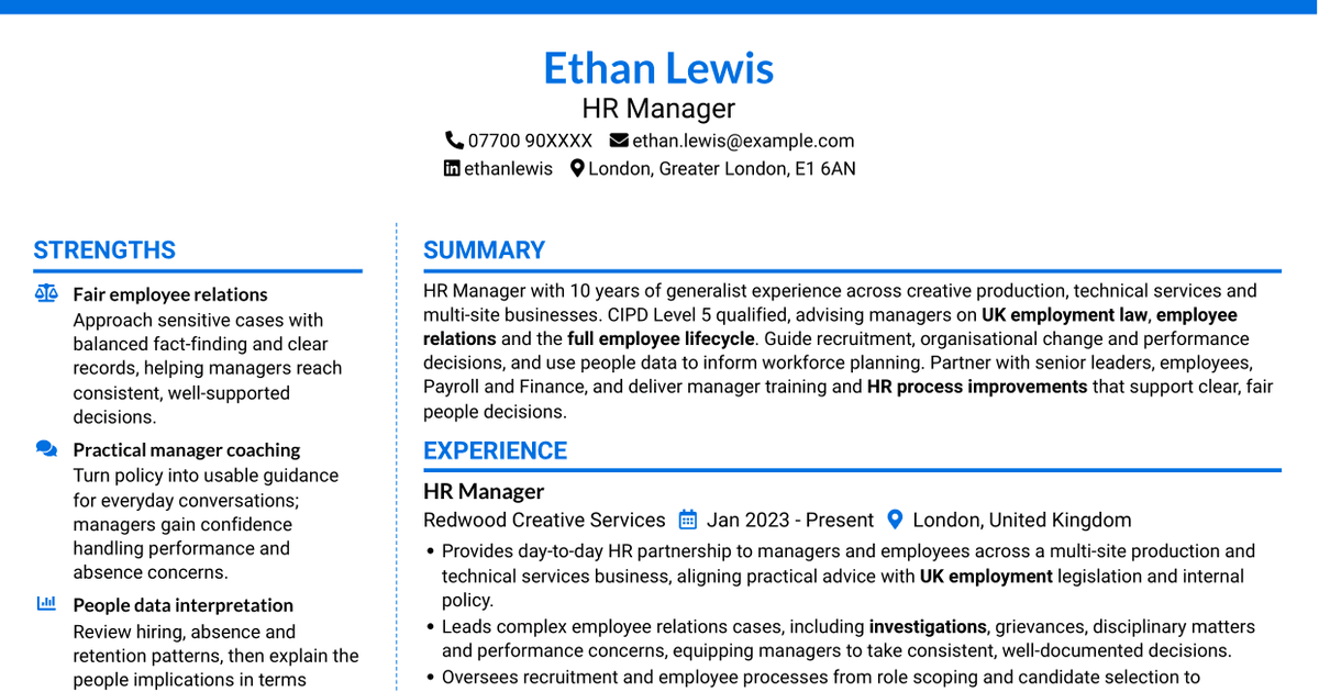 7 HR Manager - Media Production CV Templates with Example