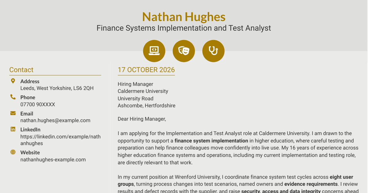 7 Implementation and Test Analyst - Finance Cover Letter Templates with Example