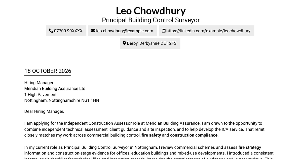 7 Independent Construction Assessor - Building Control and Fire Safety Cover Letter Templates with Example