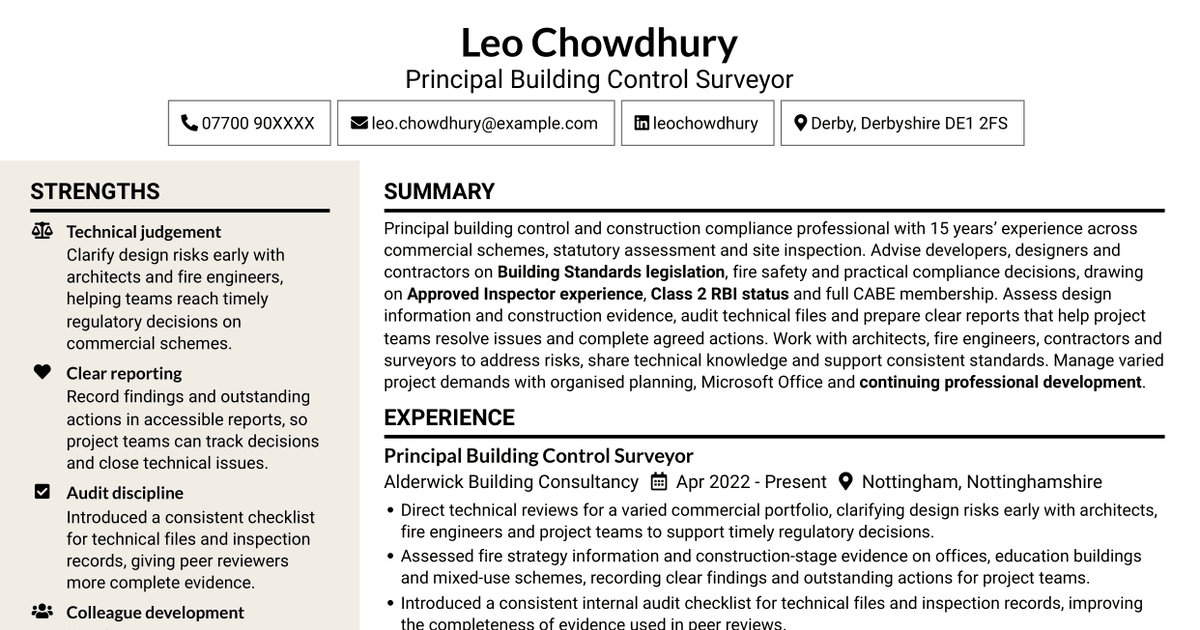 7 Independent Construction Assessor - Building Control and Fire Safety CV Templates with Example