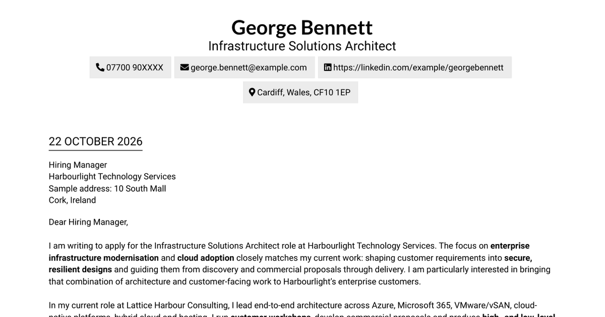 7 Infrastructure Solutions Architect Cover Letter Templates with Example