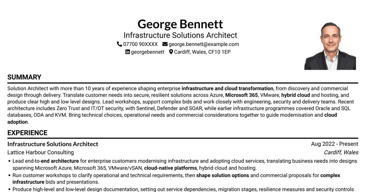 7 Infrastructure Solutions Architect CV Templates with Example