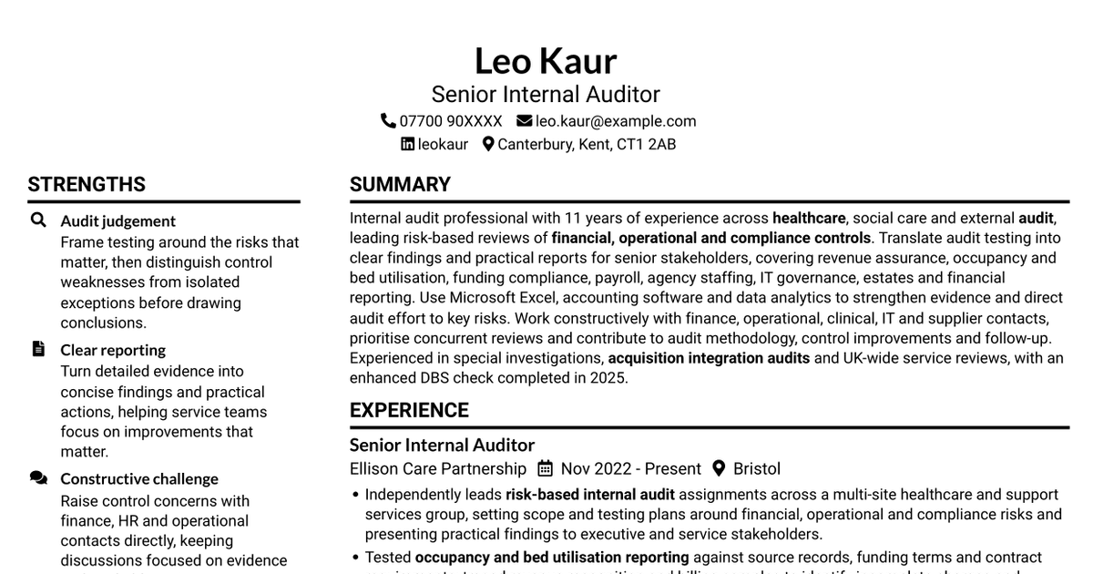 Internal Audit Assistant Manager - Healthcare Controls CV