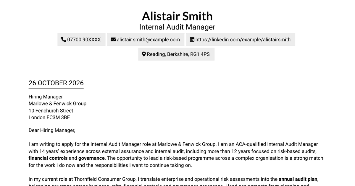 Internal Audit Manager - Risk-Based Audits Cover Letter