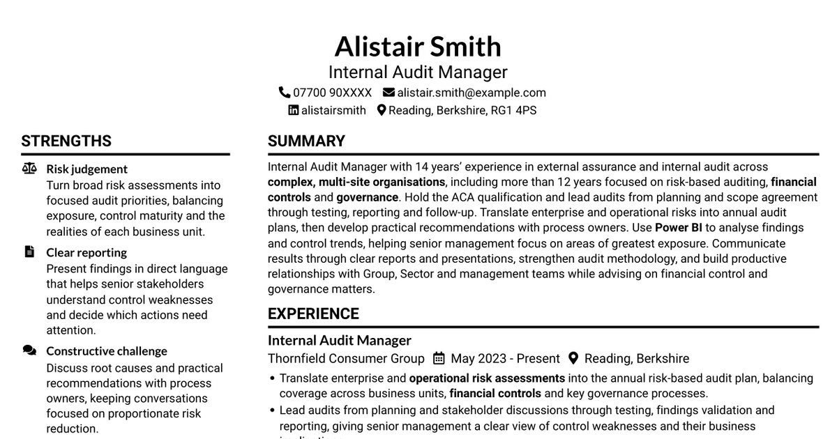 Internal Audit Manager - Risk-Based Audits CV