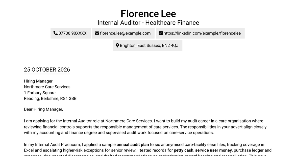 Internal Auditor - Healthcare Finance Cover Letter