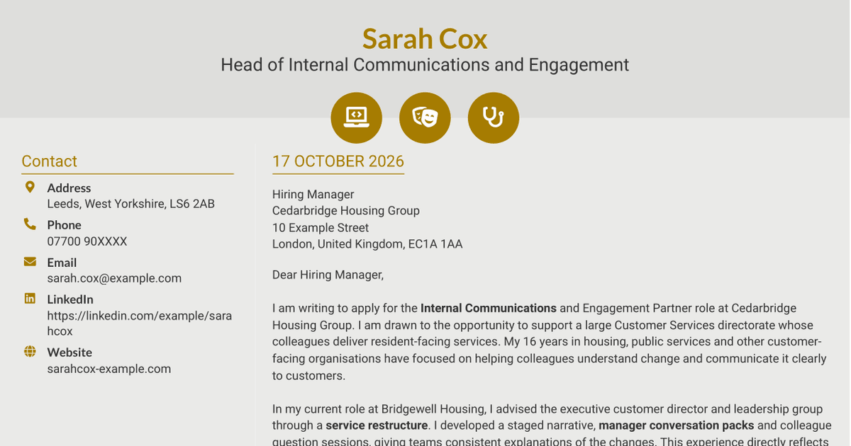 7 Internal Communications and Engagement Partner - Customer Services Cover Letter Templates with Example