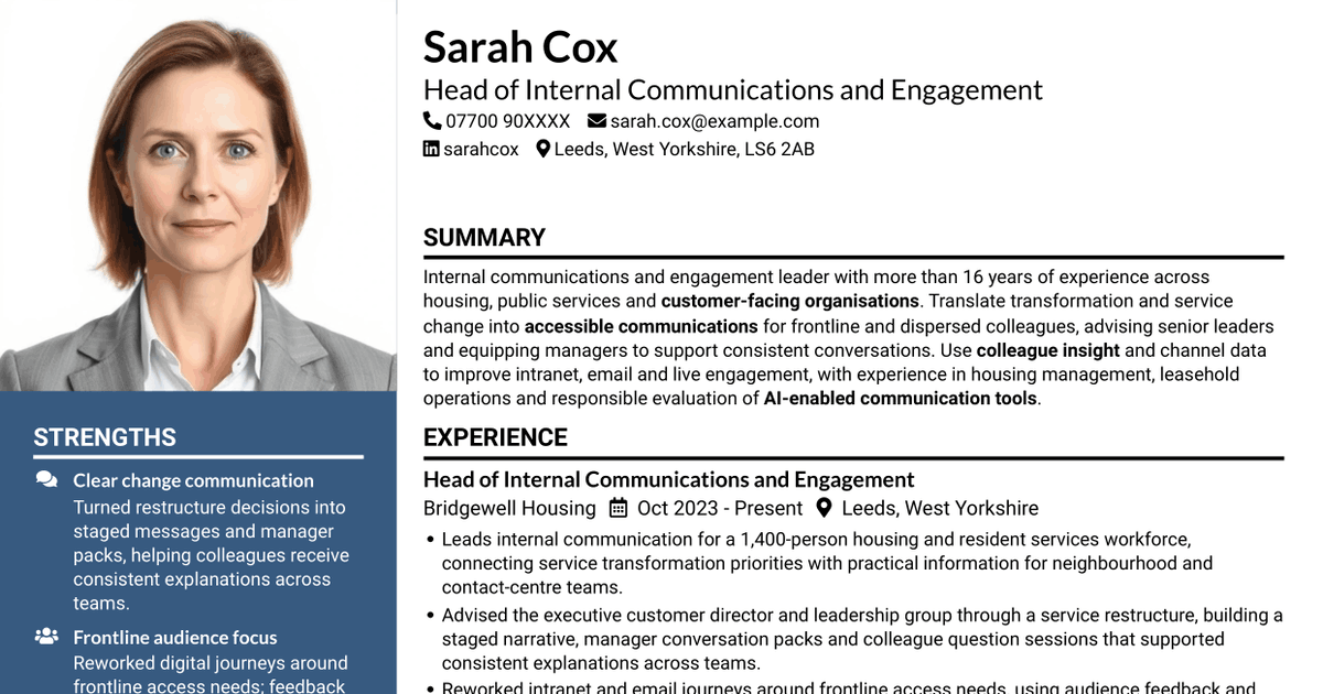 7 Internal Communications and Engagement Partner - Customer Services CV Templates with Example