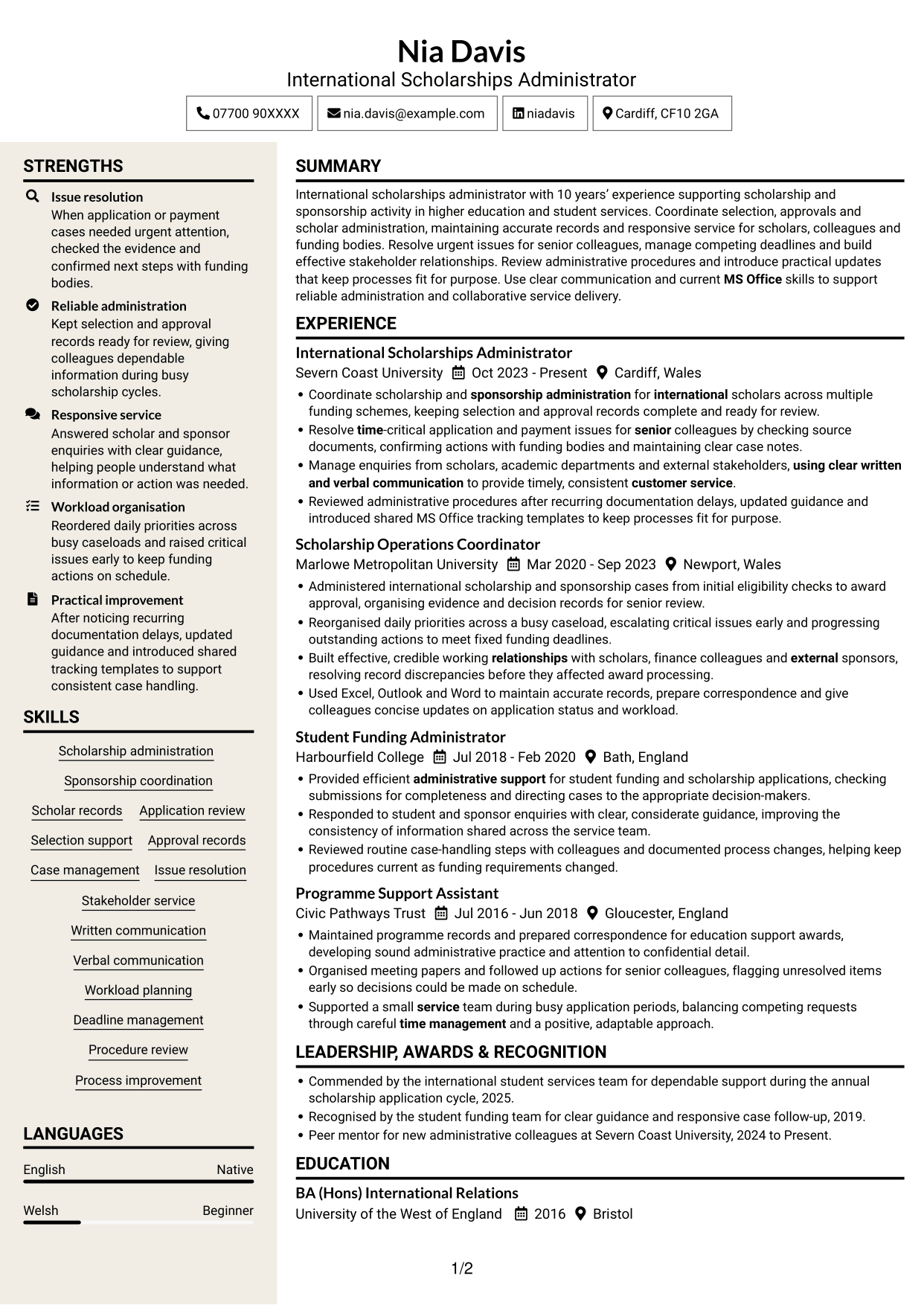 CV example — page 1
