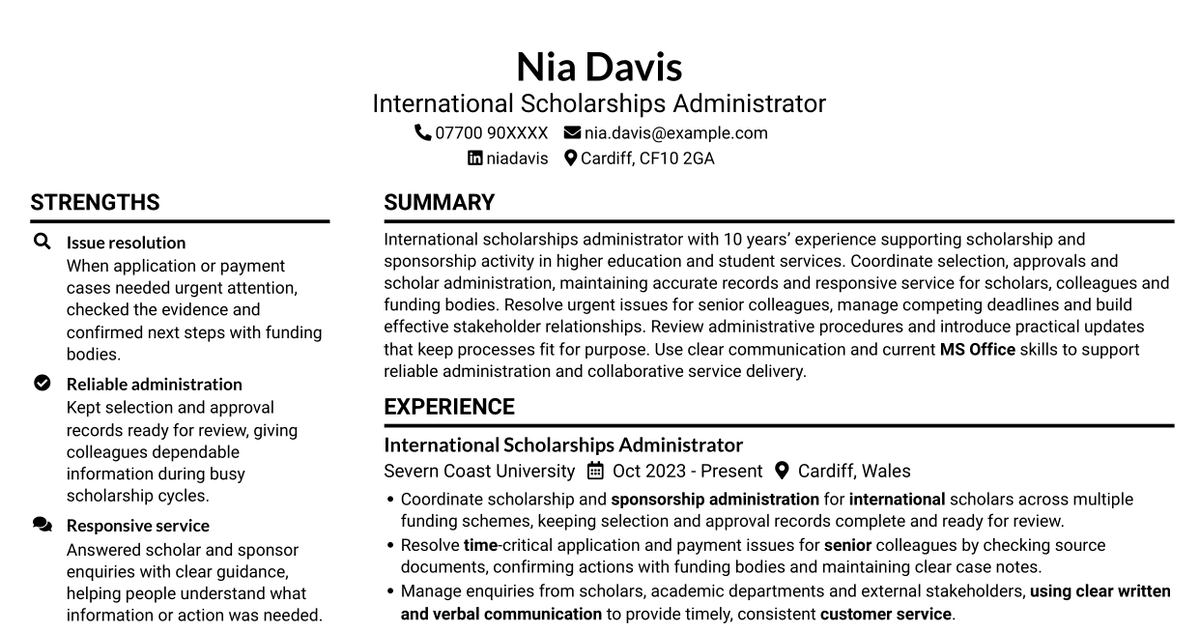 7 International Scholarships Administrator CV Templates with Example