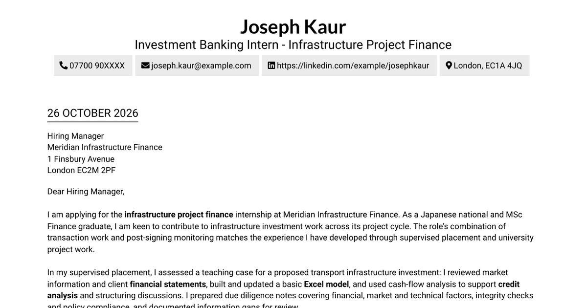 7 Investment Banking Intern - Infrastructure Project Finance Cover Letter Templates with Example