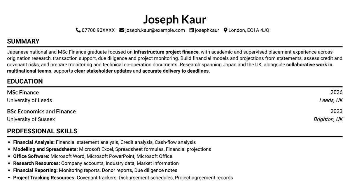 7 Investment Banking Intern - Infrastructure Project Finance CV Templates with Example