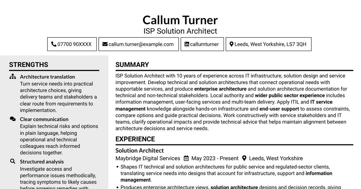 7 ISP Solution Architect - IT Infrastructure and Service Management CV Templates with Example