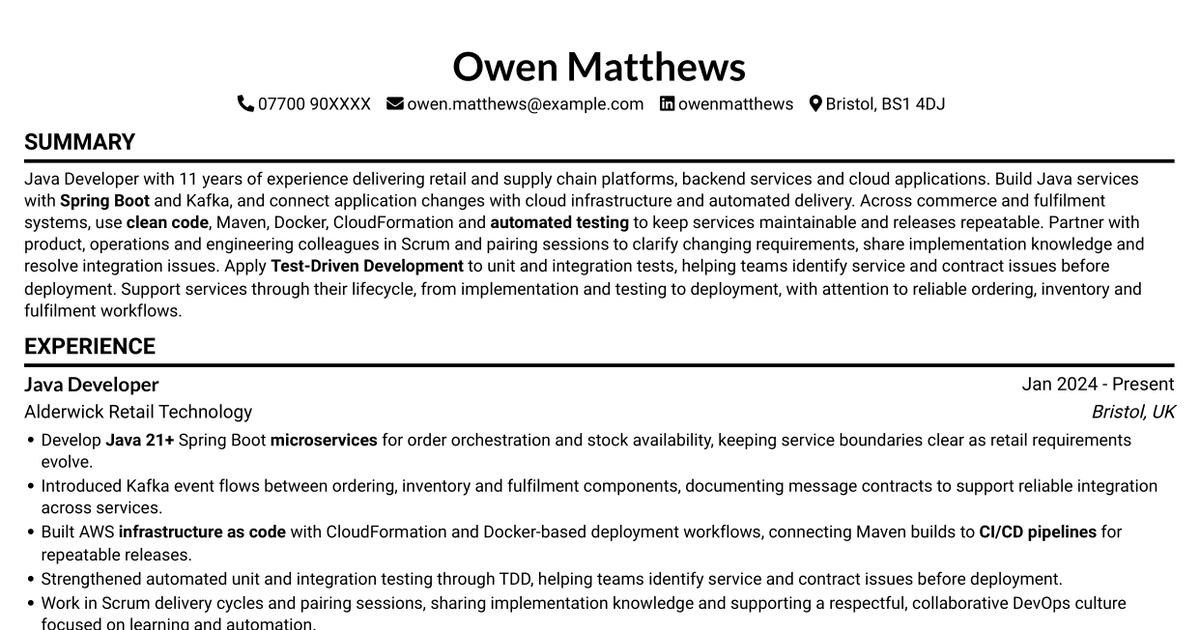 7 Java Developer - Retail Supply Chain CV Templates with Example