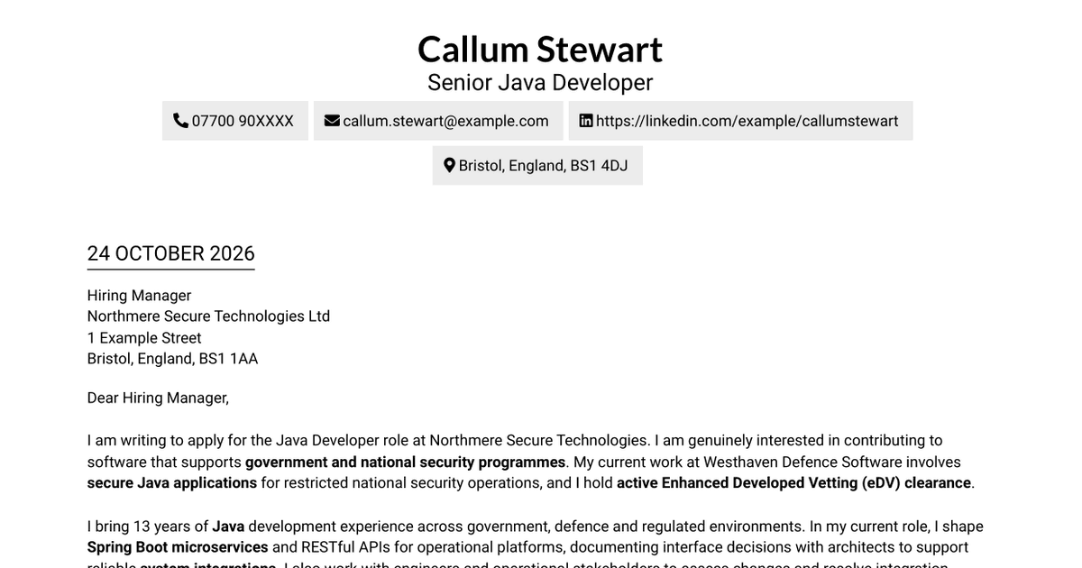 7 Java Developer - Secure Government Software Cover Letter Templates with Example