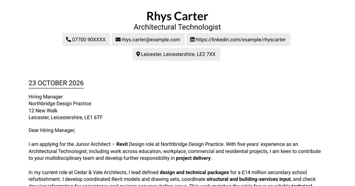 7 Junior Architect - Revit Design Cover Letter Templates with Example