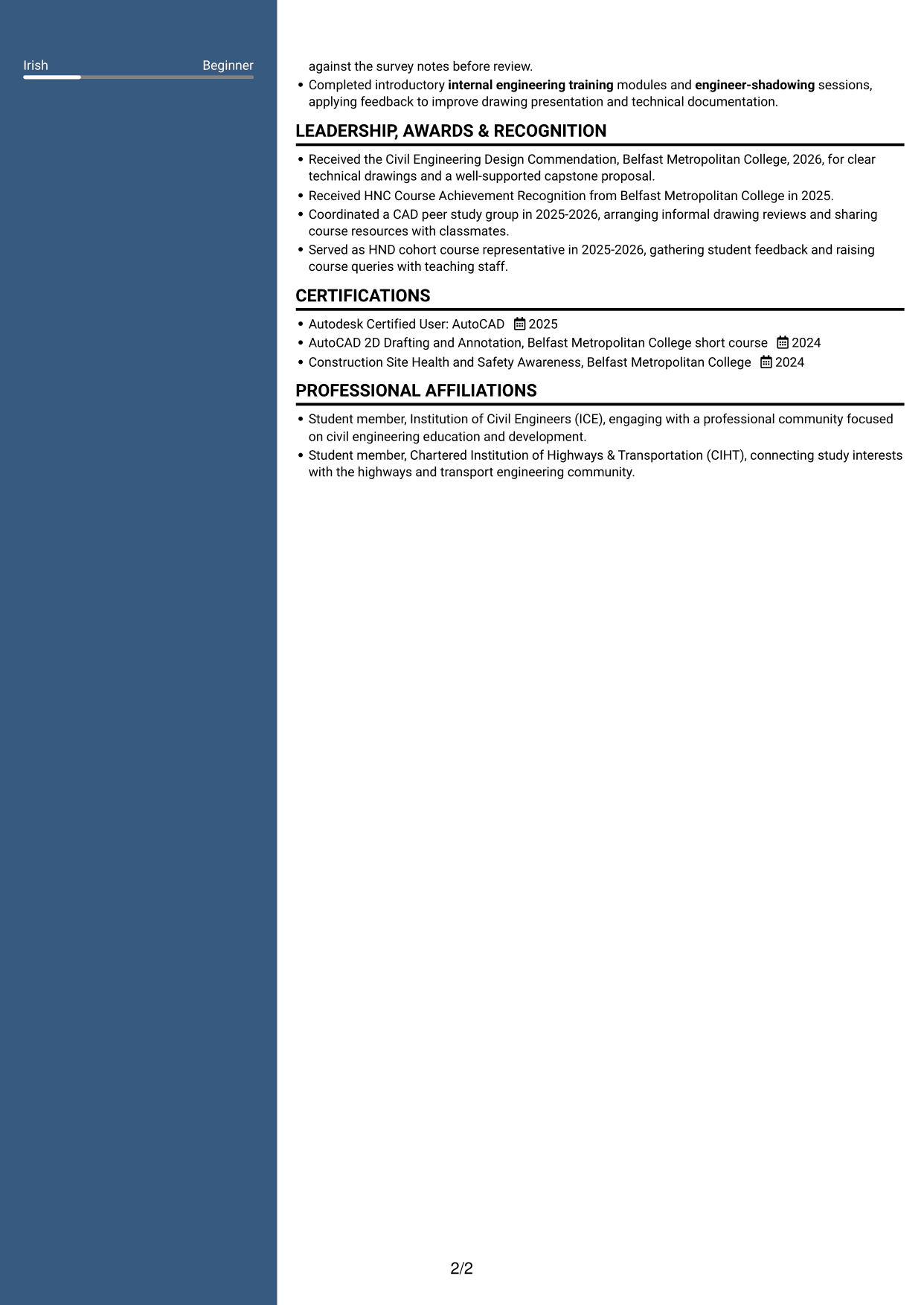 CV example — page 2