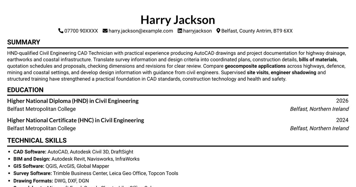Junior CAD Technician - Civil Engineering CV