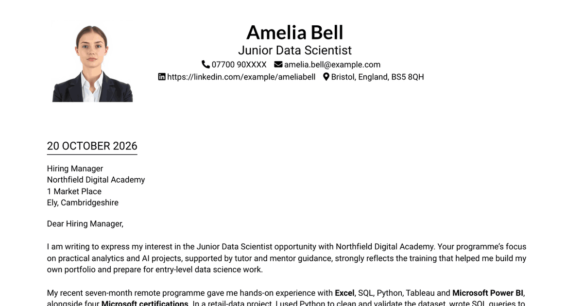 7 Junior Data Scientist - Data Analytics and AI Cover Letter Templates with Example