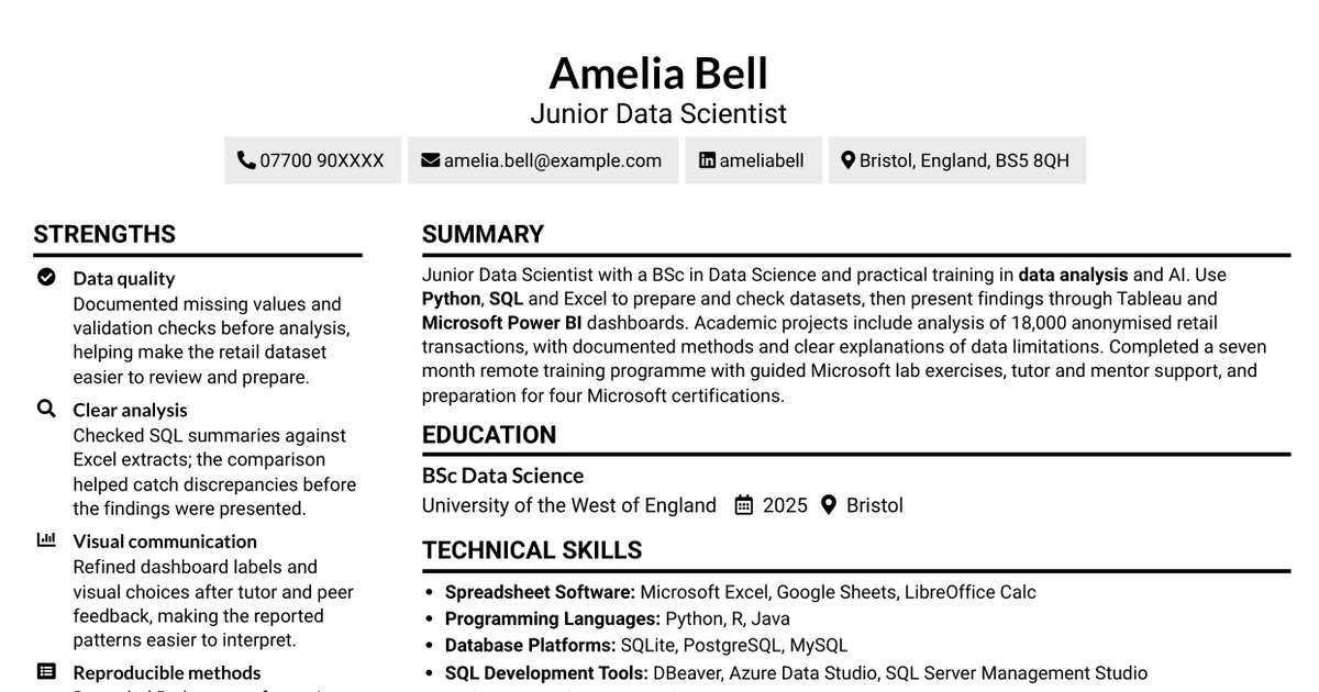 7 Junior Data Scientist - Data Analytics and AI CV Templates with Example