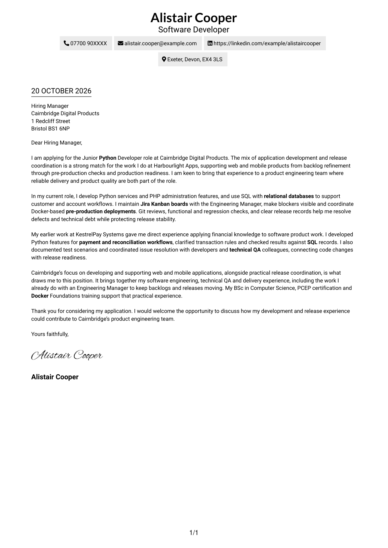 Cover letter example — page 1
