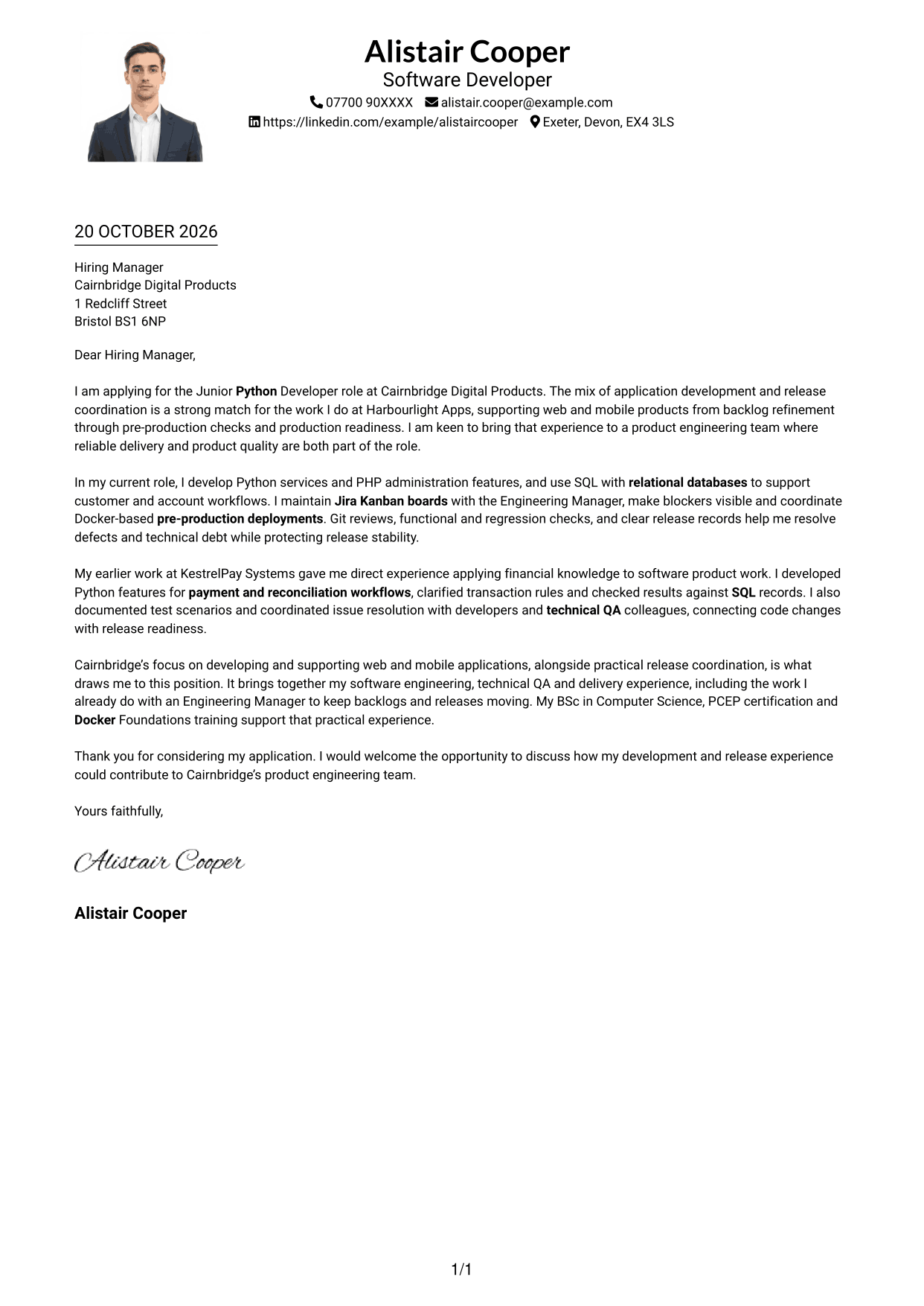 Cover letter example — page 1