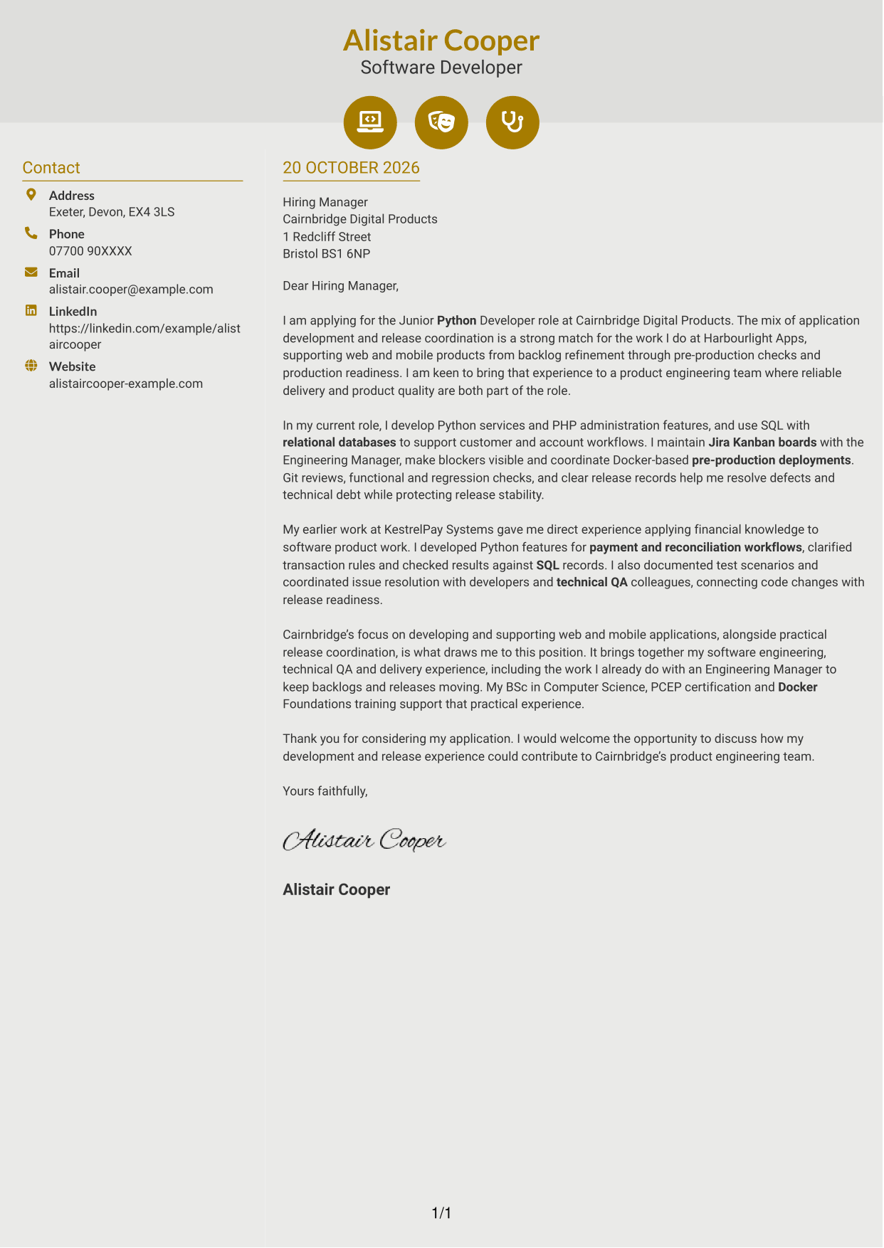 Cover letter example — page 1