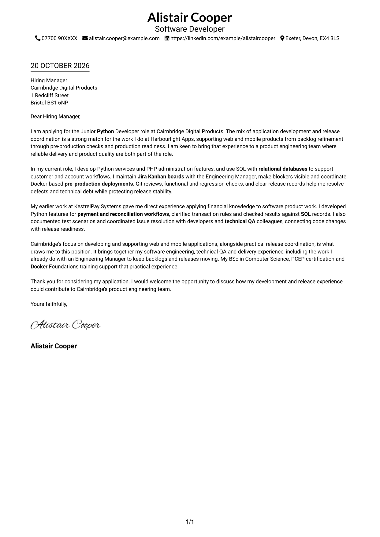 Cover letter example — page 1