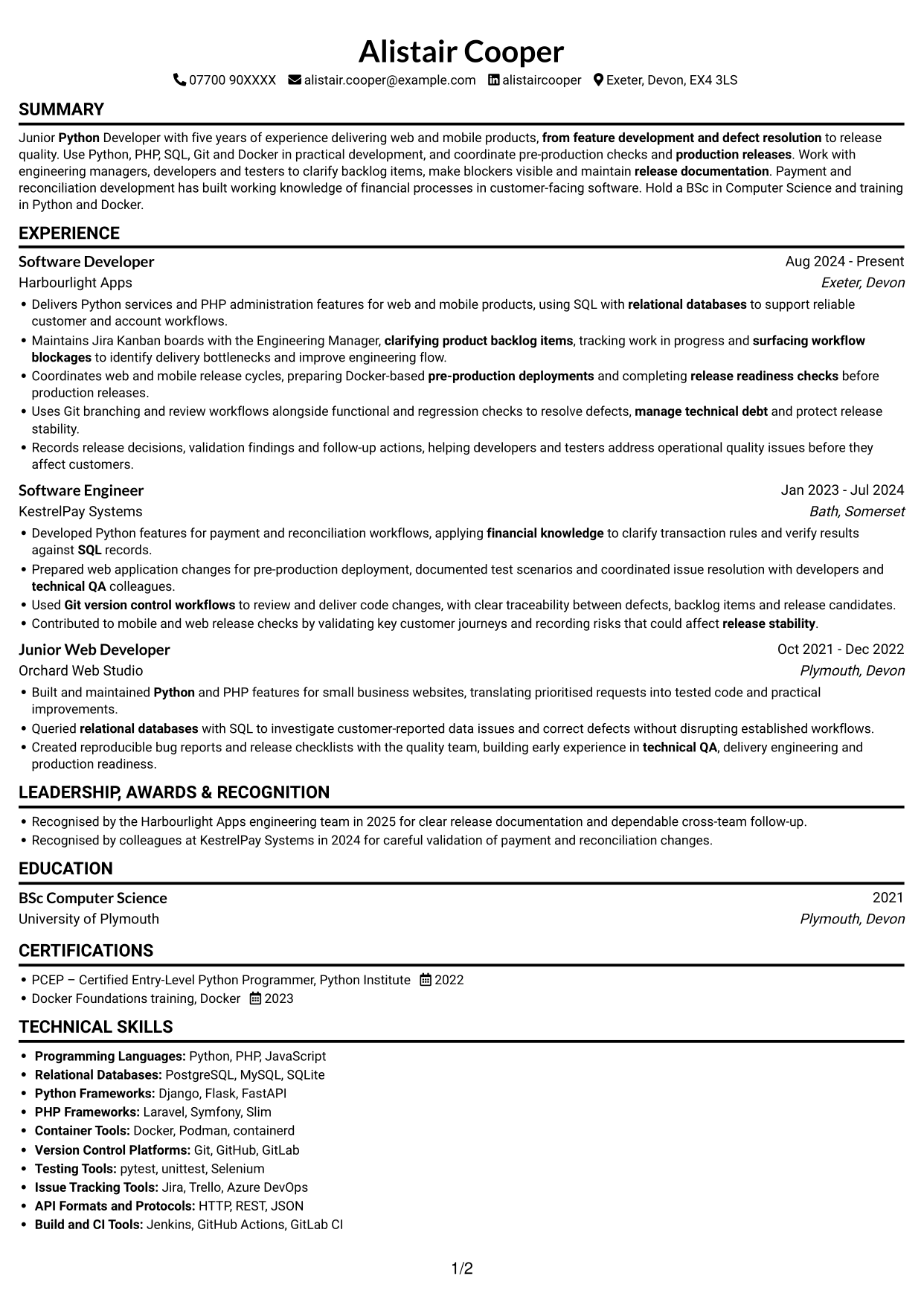 CV example — page 1