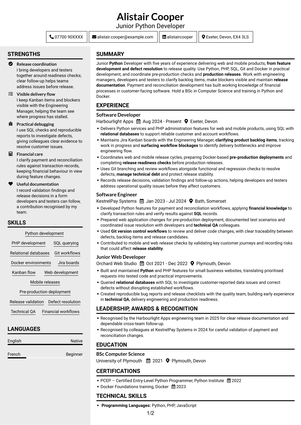 CV example — page 1