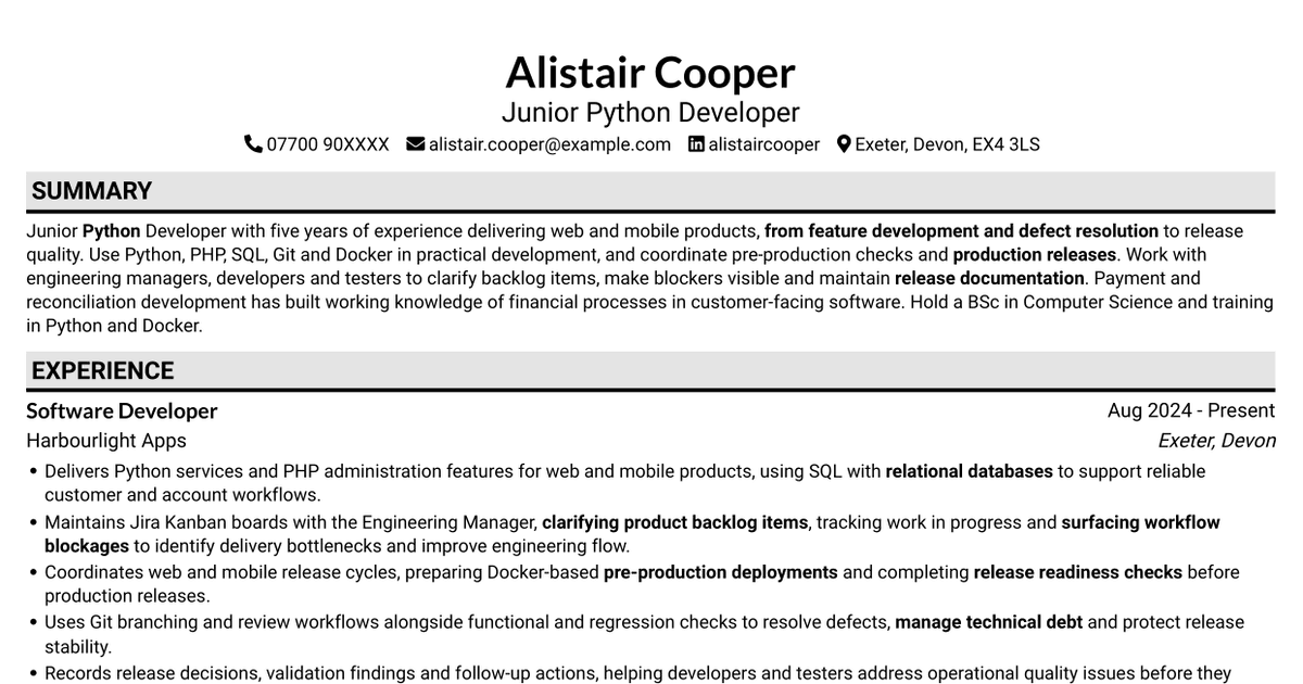 7 Junior Python Developer CV Templates with Example