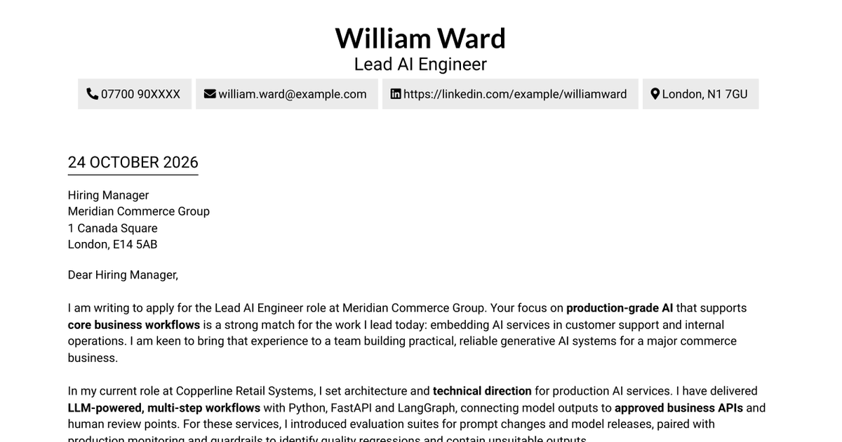 Lead AI Engineer - Generative AI Systems Cover Letter