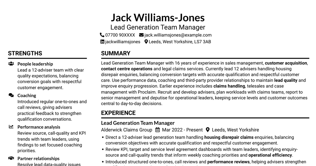 Lead Generation Team Manager - Sales CV