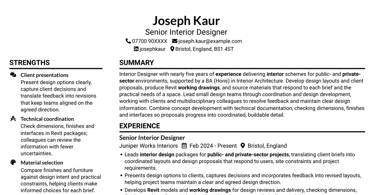 7 Lead Interior Designer - Revit CV Templates with Example