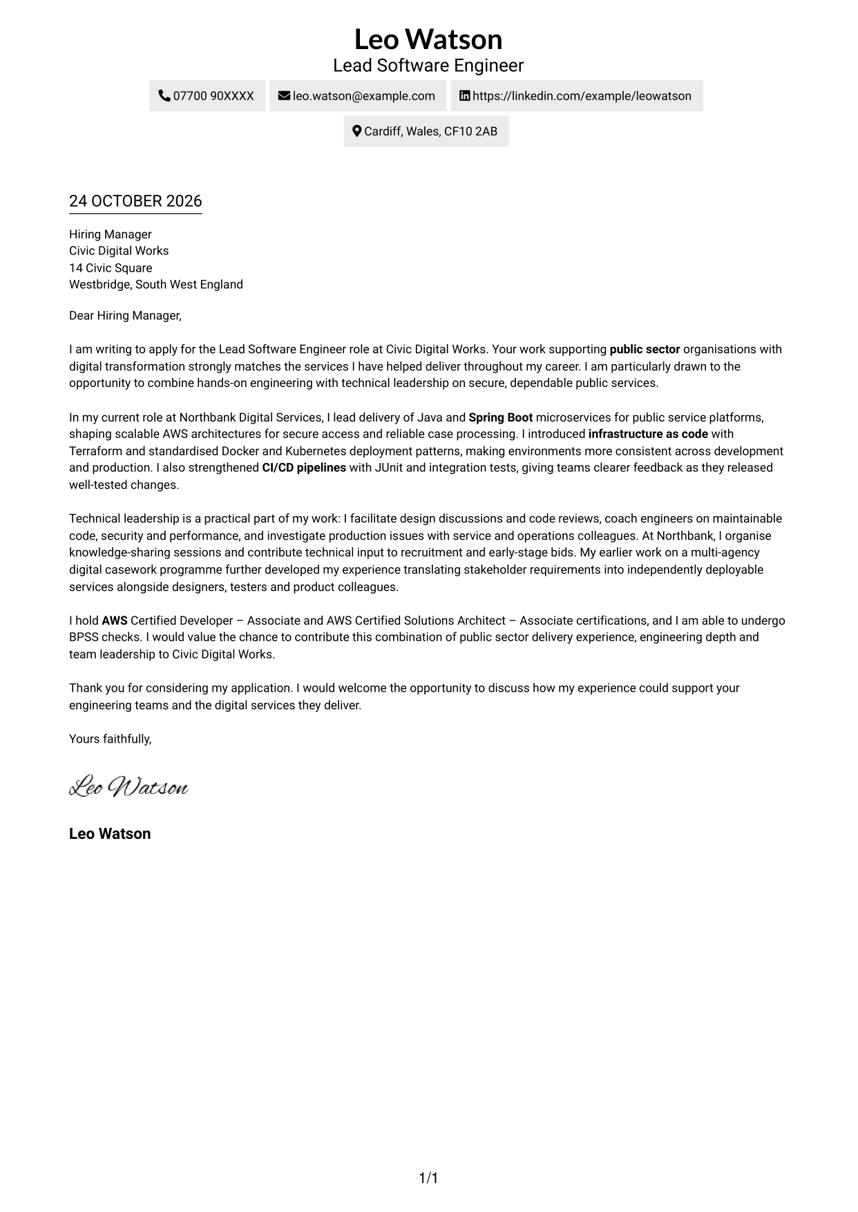 Cover letter example — page 1