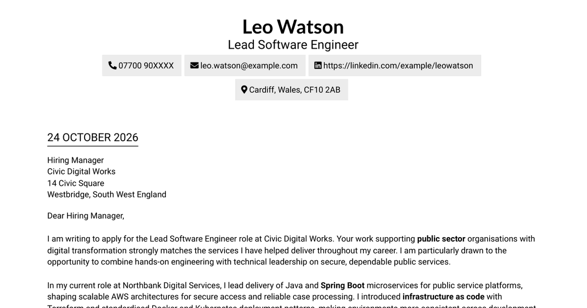 Lead Software Engineer - Java, Spring Boot, AWS Cover Letter