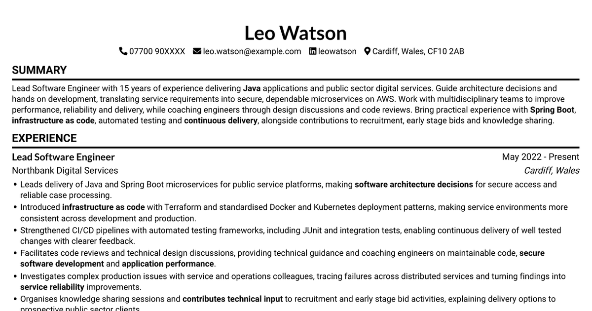 Lead Software Engineer - Java, Spring Boot, AWS CV